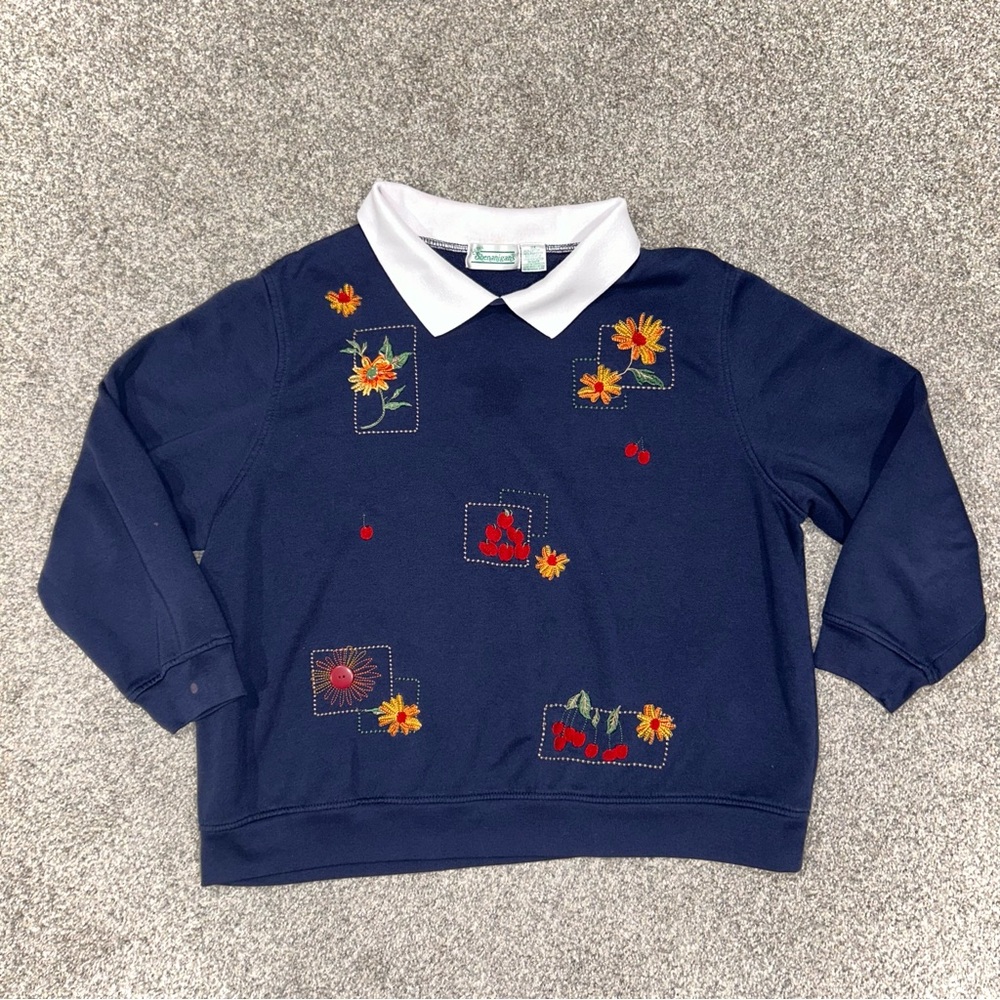 Navy Granny Teacher Sweatshirt with Sunflower and Cherry Embroidery & Collar